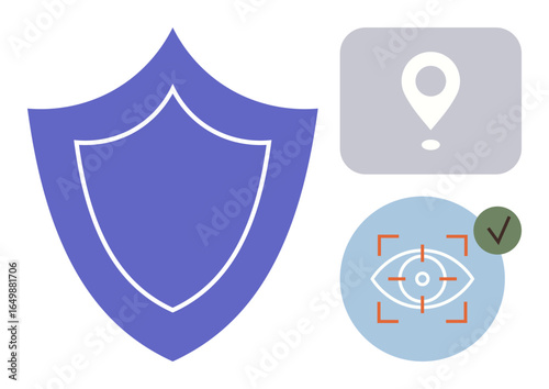 Purple shield, location pin, biometric eye scanner, green checkmark highlight data privacy, online security, access verification, and geolocation. Ideal for cybersecurity, privacy tracking