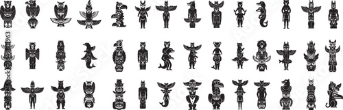 A collection of totem pole illustrations in black and white showing various animal and human figures