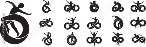Collection of black and white abstract human figures with circles and infinity symbols designs