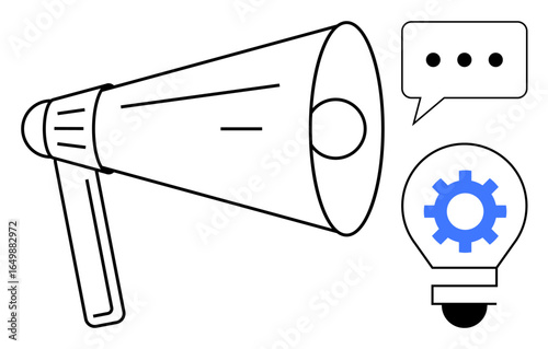 Loudspeaker amplifying ideas, speech bubble signifying dialogue, and light bulb with gear symbolizing innovative solutions. Ideal for communication, creativity, marketing, brainstorming, strategy