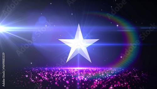 A dazzling silver star against a backdrop of shimmering purple glitter.