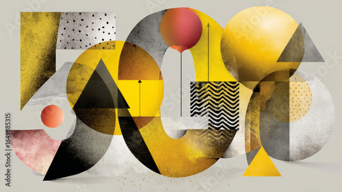 Colorful geometric shapes—circles, triangles, squares, balloon—constructing numeric figure 500 through dynamic abstract visual arrangement with textural design elements