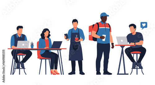 People in a cafe using laptops and a barista serving drinks, as well as a delivery person