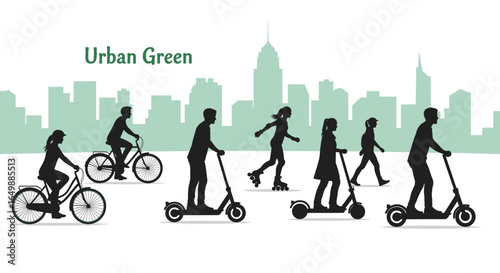 Urban Green scene with various individuals enjoying outdoor activities. The image shows silhouettes of people engaging in various activities, with a cityscape background.