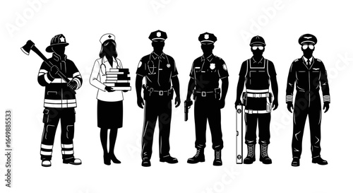 Silhouette of various professionals, including a firefighter, a nurse, and police officers, among others