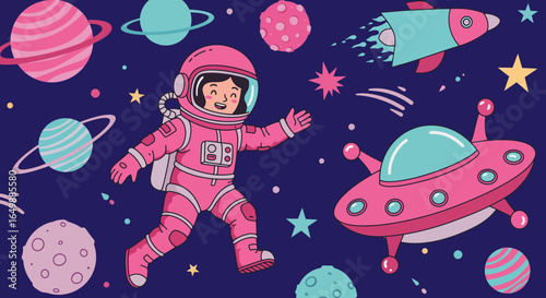 Charming Cartoon Astronaut Girl Floating in Space Surrounded by Planets and Spaceships