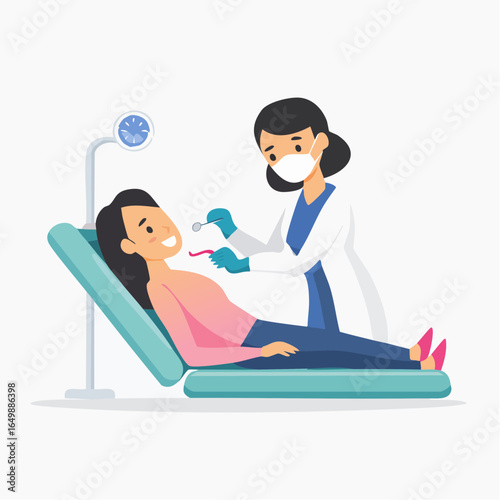 Flat style vector icon of a dentist examining a patient’s teeth, representing dental care and oral health services.