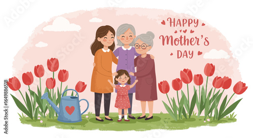 A heartwarming illustration celebrating mother's day with three generations together