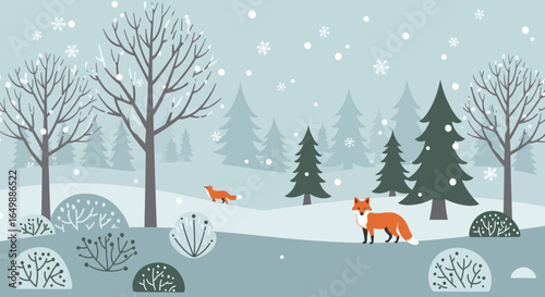 Winter landscape illustration with foxes in a forest scene in minimalistic style