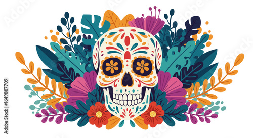 Vibrant Calavera: A Festive Day of the Dead Illustration with Floral Accents