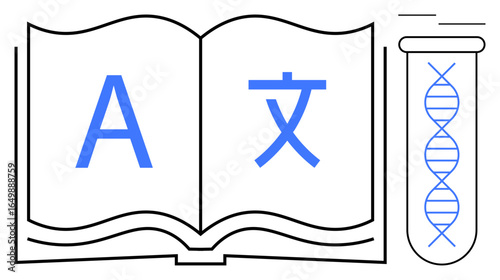 Open book with letters from different scripts and test tube containing DNA strand. Ideal for language evolution, scientific research, genetics, language learning, translation, cross-cultural studies