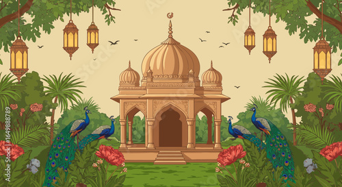 Illustration of a beautiful Indian temple with peacocks and lanterns in a garden
