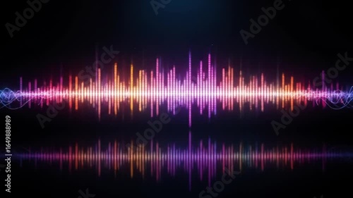 Colorful sound wave bars with glowing neon lights and reflections on a black background, vibrant music energy audio visualization. 4k video