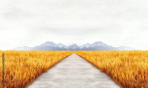 Golden wheat field stretches to distant mountains under a cloudy sky, with a concrete path leading towards the horizon