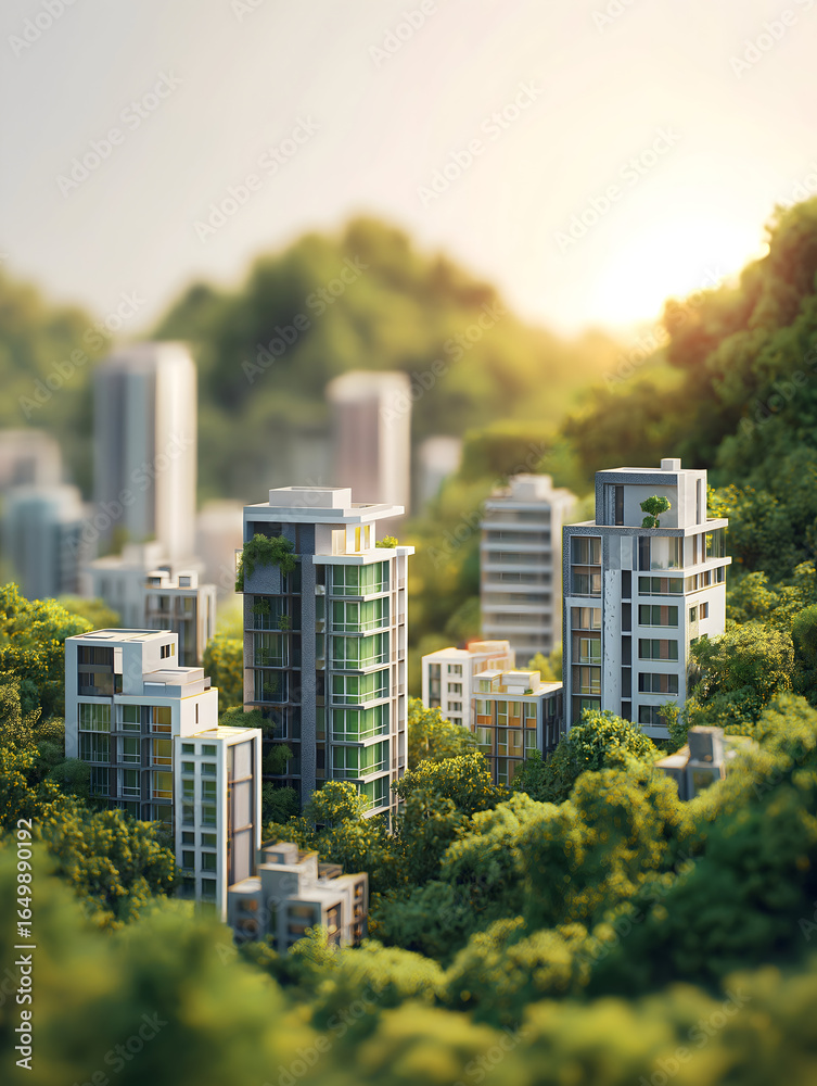 Obraz premium A modern cityscape nestled among lush greenery, showcasing sustainable architecture with buildings integrated into a natural landscape.