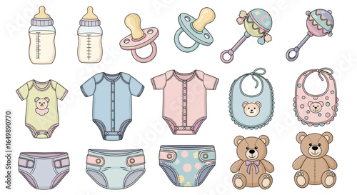A charming collection of baby essentials arranged artfully, radiating an atmosphere of tenderness and care. The ensemble includes various items that are soft and colorful.