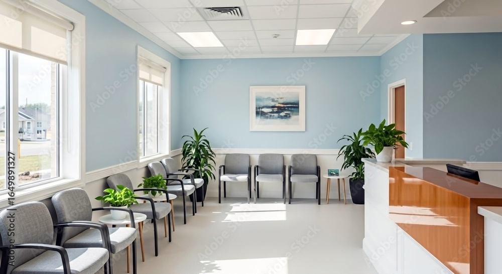 Fototapeta premium Freshly painted baby blue medical facility corridor, banner for painting company or medical industry website, brochure, flyer or commercial ad