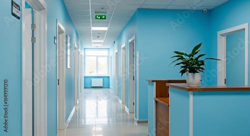Freshly painted light blue medical facility and reception area, banner for painting company or medical industry website, brochure, flyer or commercial ad
