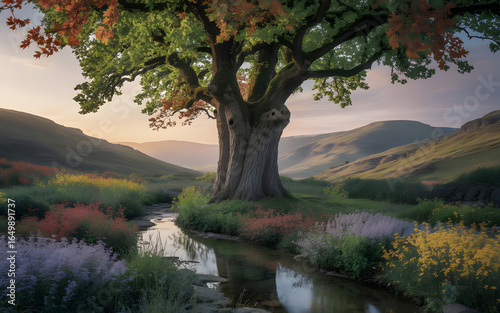 Ancient Oak Tree in a Valley with a Stream and Colorful Wildflowers at Dawn large gnarled