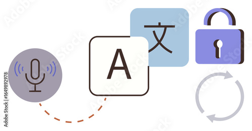 Microphone, text, language icon, lock, and arrows symbolizing voice-to-text, multilingual translation, security, and process continuity. Ideal for AI voice recognition education language