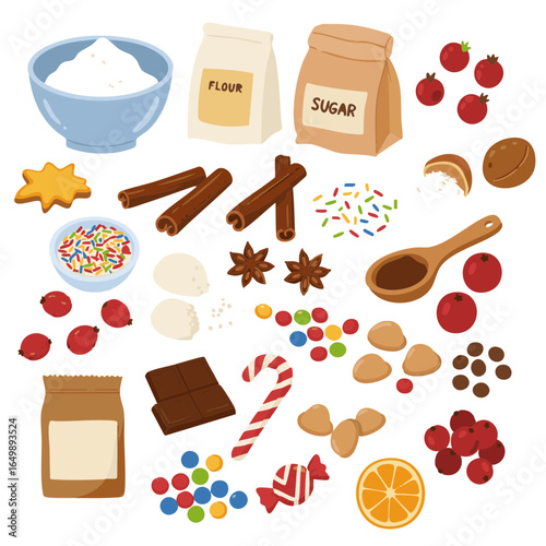 Vector illustration of christmas baking ingredients on white background, holiday theme 