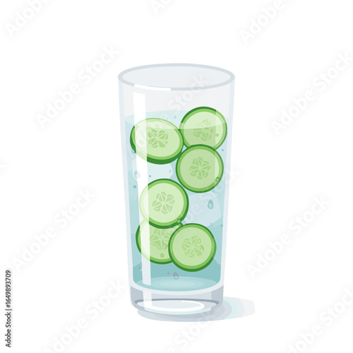 Vector illustration of glass of cucumber water on white background, beverage theme 