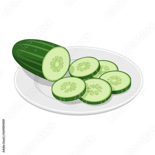 Vector illustration of sliced cucumber on plate on white background, food theme