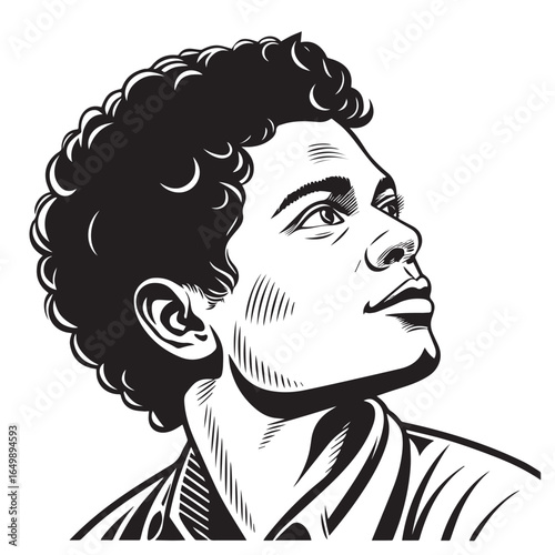 Illustration of a mans face with curly hair isolated on white background