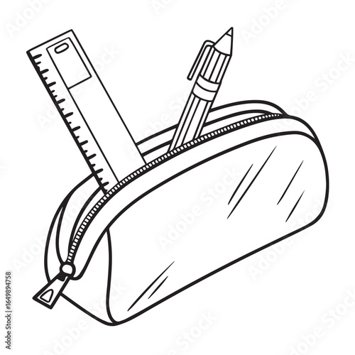 Pencil case with a pen and ruler isolated on white background