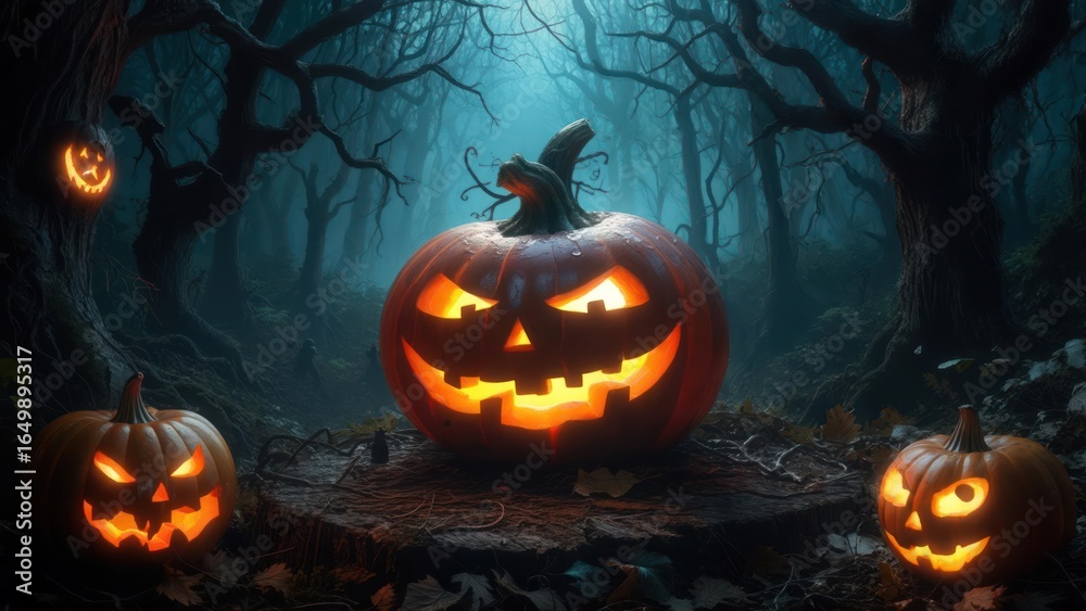 Fototapeta premium Sinister Jack-o'-Lantern's Fiery Grin in a Blue-Misted, Haunted Forest