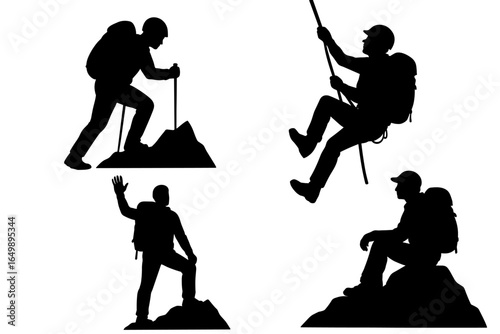 Four distinct silhouettes of a mountain climber ascending to the peak, each one portraying a different climbing scene
