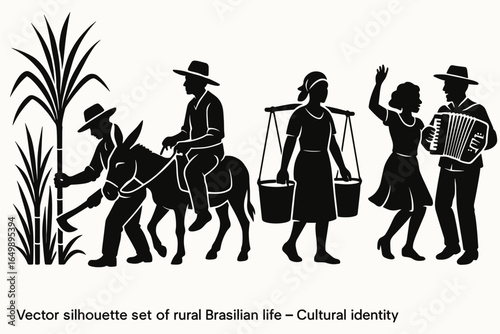 Silhouette depicting rural Brazilian life with farming scenes and cultural identity, showcasing a diverse depiction of daily life