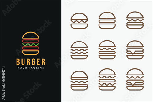 Logo set, modern burger line art logo design. hamburger restaurant emblem.