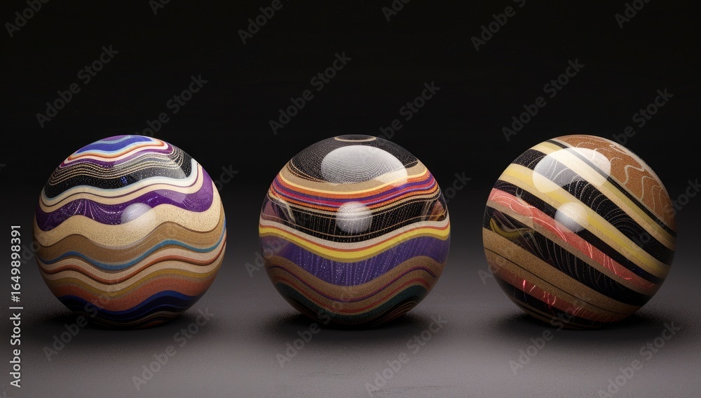 Fototapeta premium Three vibrant layered spheres, studio shot, dark background, decorative objects