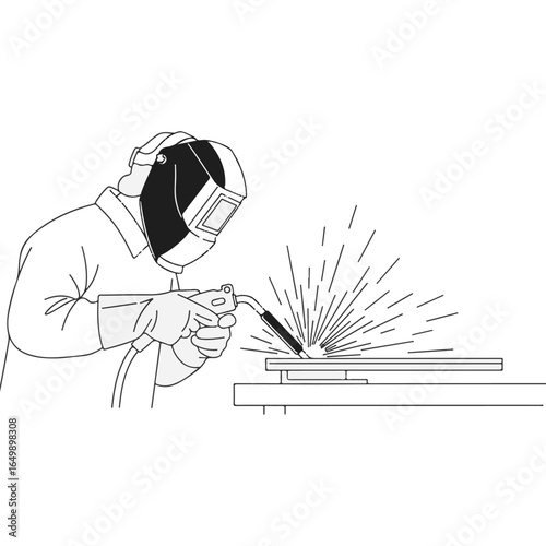 A black and white line drawing of a welder wearing a protective mask and gloves while joining metal pieces, creating bright sparks.