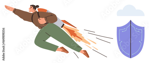 Person with jetpack launches forward, symbolizing progress, speed, and determination. Nearby shield represents security, protection, and reliability. Ideal for innovation, success safety growth