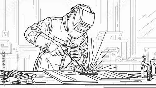 Line art illustration of a welder working on metal, sparks flying, wearing protective gear in a workshop environment.
