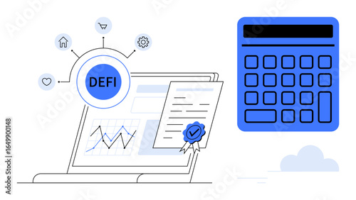 Laptop displaying financial data with DEFI emblem, blockchain icons, certified document, and large calculator. Ideal for finance, blockchain, fintech, investment, decentralization technology