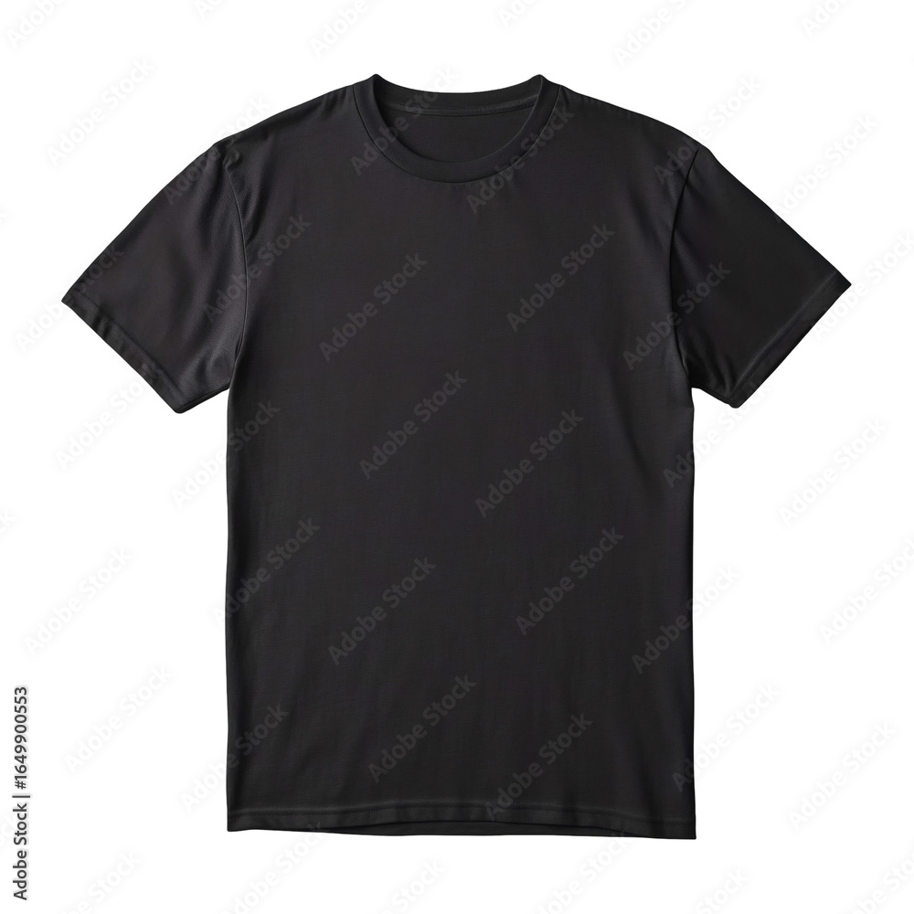 Black Short-Sleeved T-Shirt Mockup, Front View on Transparent Background
