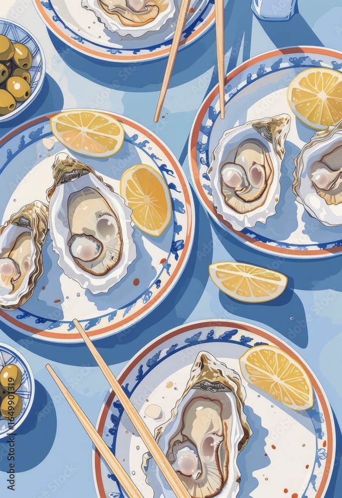 Fototapeta premium Sunny Oyster Lunch, Outdoor Table, Chopsticks, Olives, Food Blog, Recipe