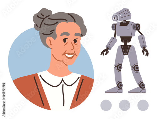 Elderly woman smiling alongside a humanoid robot with mechanical limbs. Ideal for aging, technology, robotics, future, AI, human-machine connection, and intergenerational themes. Simple flat metaphor