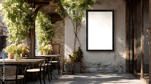 Fototapeta Naklejka Na Ścianę i Meble -  Poster on a window mockup with plants