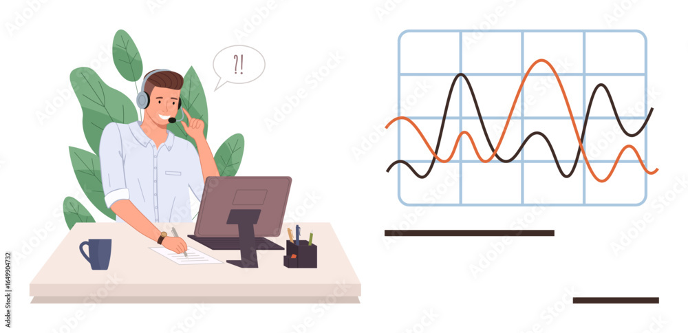 Man in headset talking and reviewing graph on monitor, papers and mug on desk. Ideal for customer service, business analysis, remote work, teamwork, communication, data tracking, troubleshooting Man in headset talking and reviewing graph on monitor, papers and mug on desk. Ideal for customer service, business analysis, remote work, teamwork, communication, data tracking, troubleshooting