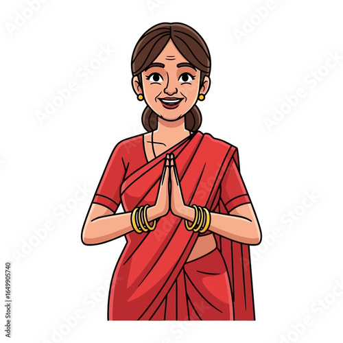 Greeting Gesture in Tradition: A respectfully smiling person in traditional attire, performs a welcoming gesture, reflecting cultural respect and warm hospitality.
