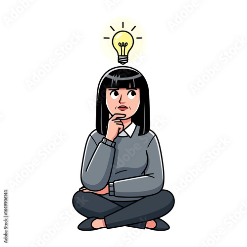 Insightful Innovation: An illustrated figure sits with a focused demeanor, pondering with a glowing lightbulb to emphasize the spark of invention.