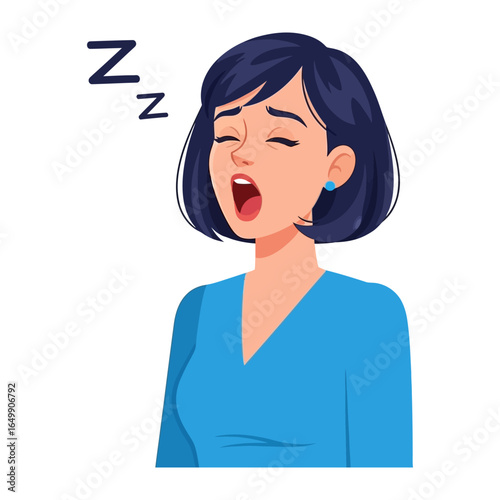 Weariness Unleashed: A woman with closed eyes yawns, expressing exhaustion in a photorealistic graphic style.