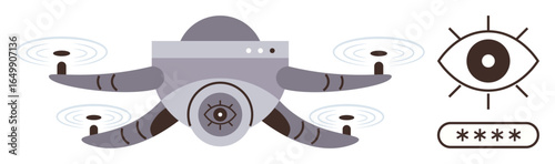 Drone with camera lens surrounded by rotating blades, accompanied by an eye icon and password. Ideal for technology, surveillance, cybersecurity, privacy, data protection, innovation, simple flat