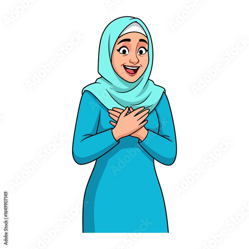 Affectionate Muslimah's Reverence: A warm illustration of a woman expressing love. She tenderly clasps her hands over her heart, radiating a soft embrace and serenity.