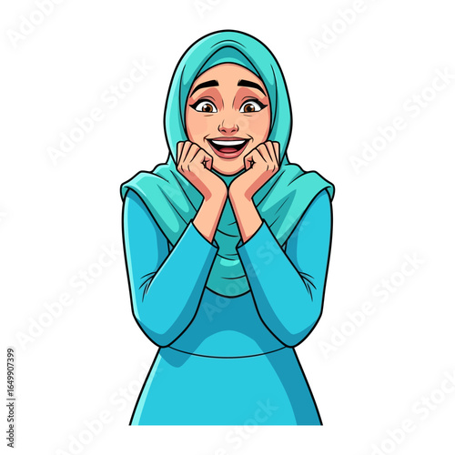 Joyful Expression: An illustration of a woman is filled with warmth and positive energy. Wearing vibrant attire, her smile radiates genuine happiness, capturing the essence of joy.