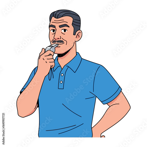 Whistling Coach: An illustration captures a determined coach with a whistle to his mouth, his gaze focused, a symbol of leadership and guidance, conveying authority and signaling instruction.